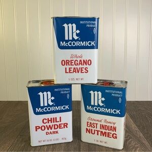 Lot of 3 Vintage 5¾" McCORMICK Institutional Tin Oregano,Chili Powder,Nutmeg